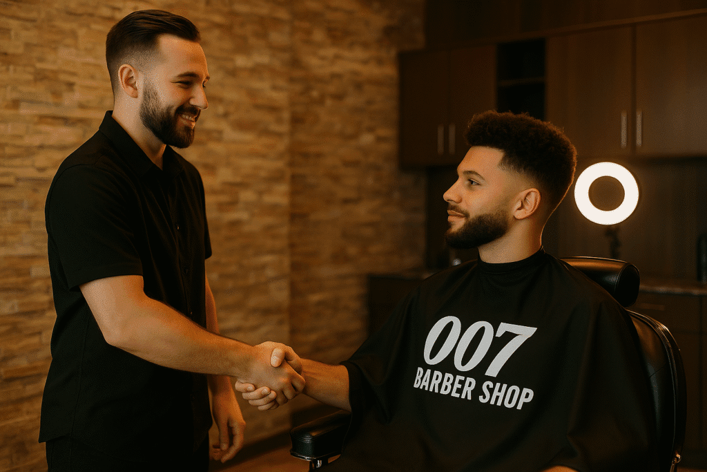 at 007 barbershop barber is shaking hands with client