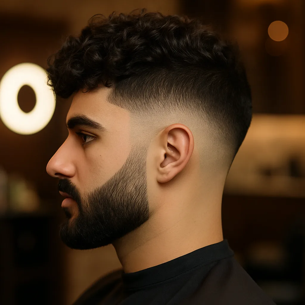 close up of a customer having sharp drop fade